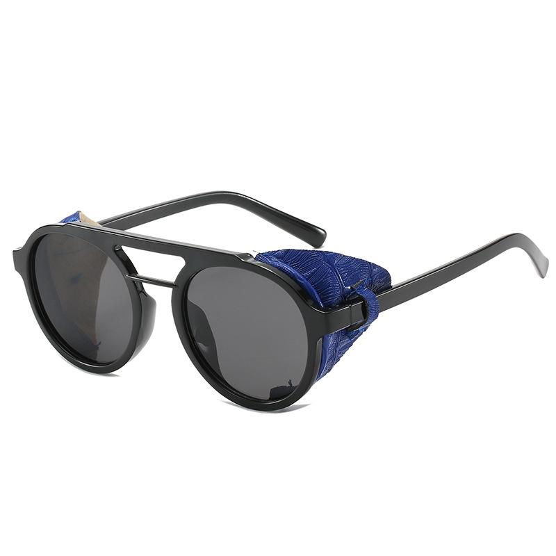 Steampunk sunglasses retro round frame double beam sunglasses men's personality trend leather case glasses