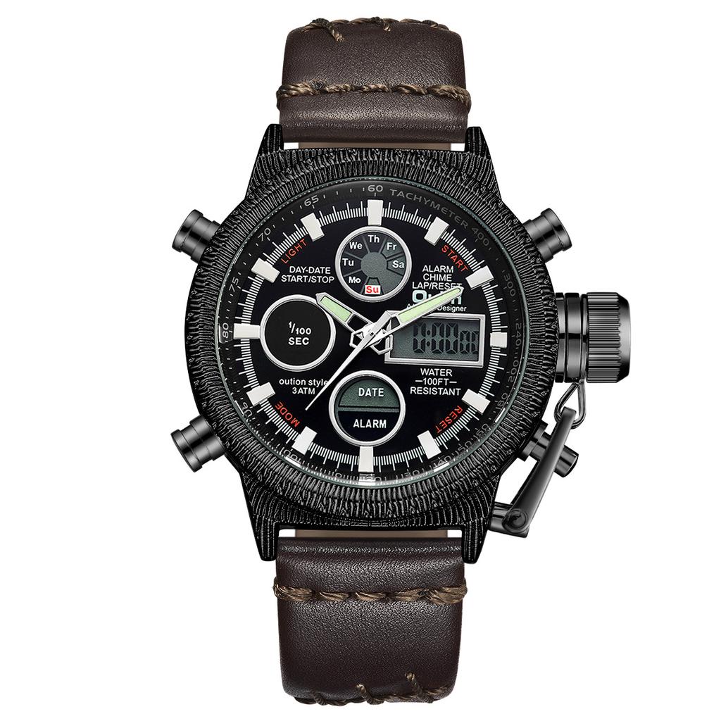 Oulm Многофункциональные электронные мужские часы для отдыха, модные кварцевые мужские часы из натуральной кожи с подсветкой