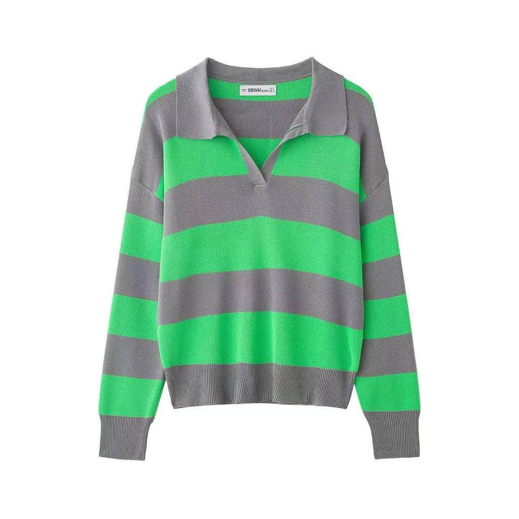 European-American Striped Color Block Polo Sweater 2026 - Retro Fashion Knitwear Top