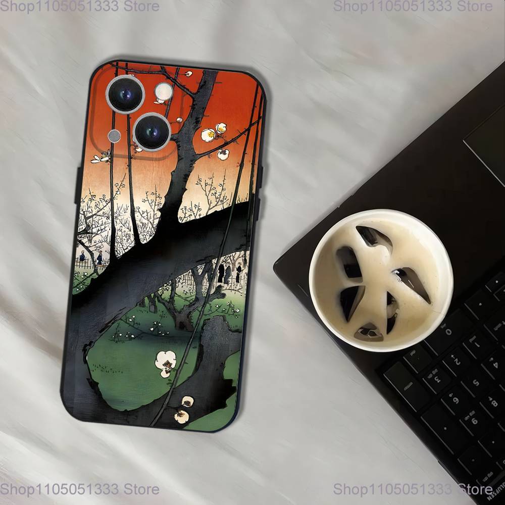 Чехол для телефона в японском стиле Укиё-э для iPhone 17,16,15,14,13,12,11,Pro,XS,Max,XR,Plus,E,SE4,Mini Черный Мягкий Чехол