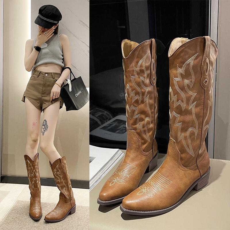 New Western Cowboy Boots Boots for Women Autumn Zip Embroidered Pointed Toe Shoes Chunky Heel Mid Calf Knight Boots