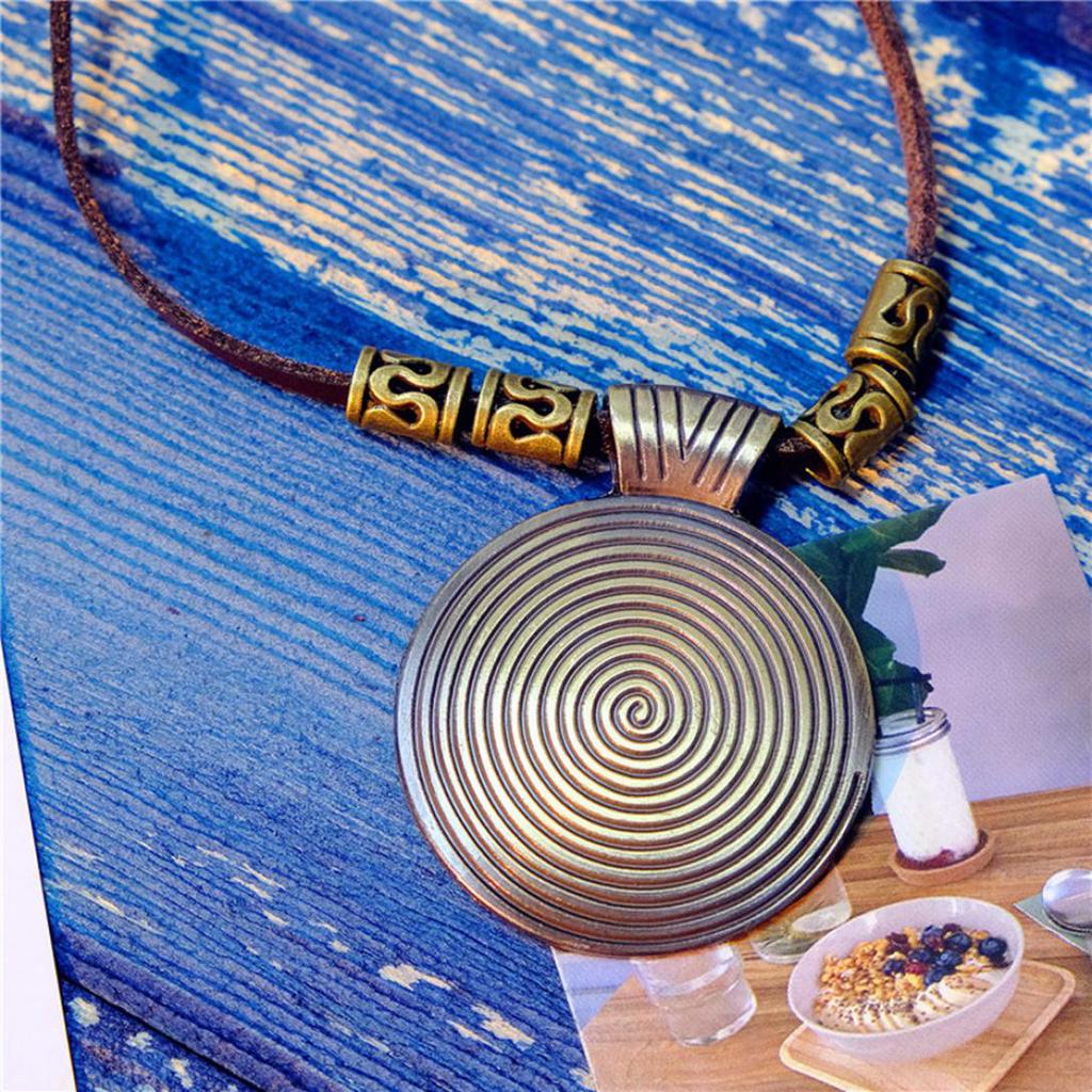 H&B Store Vintage Women's Ethnic Faux Leather Spiral Disc Round Pendant Sweater Necklace