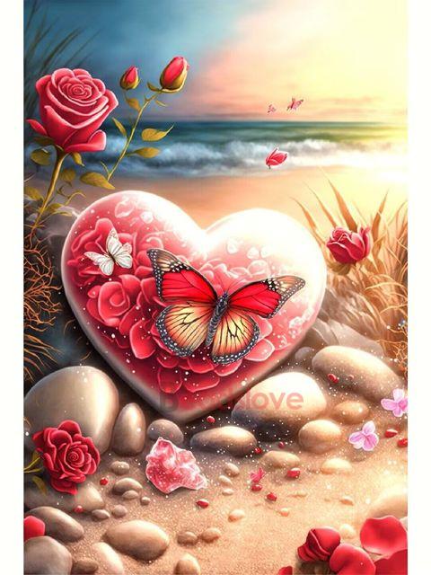 Романтический пляжный пейзаж алмазная живопись Роза Бабочка Любовь DIY Мозаика Алмазная вышивка 5D вышивка крестиком цветок домашний декор S448