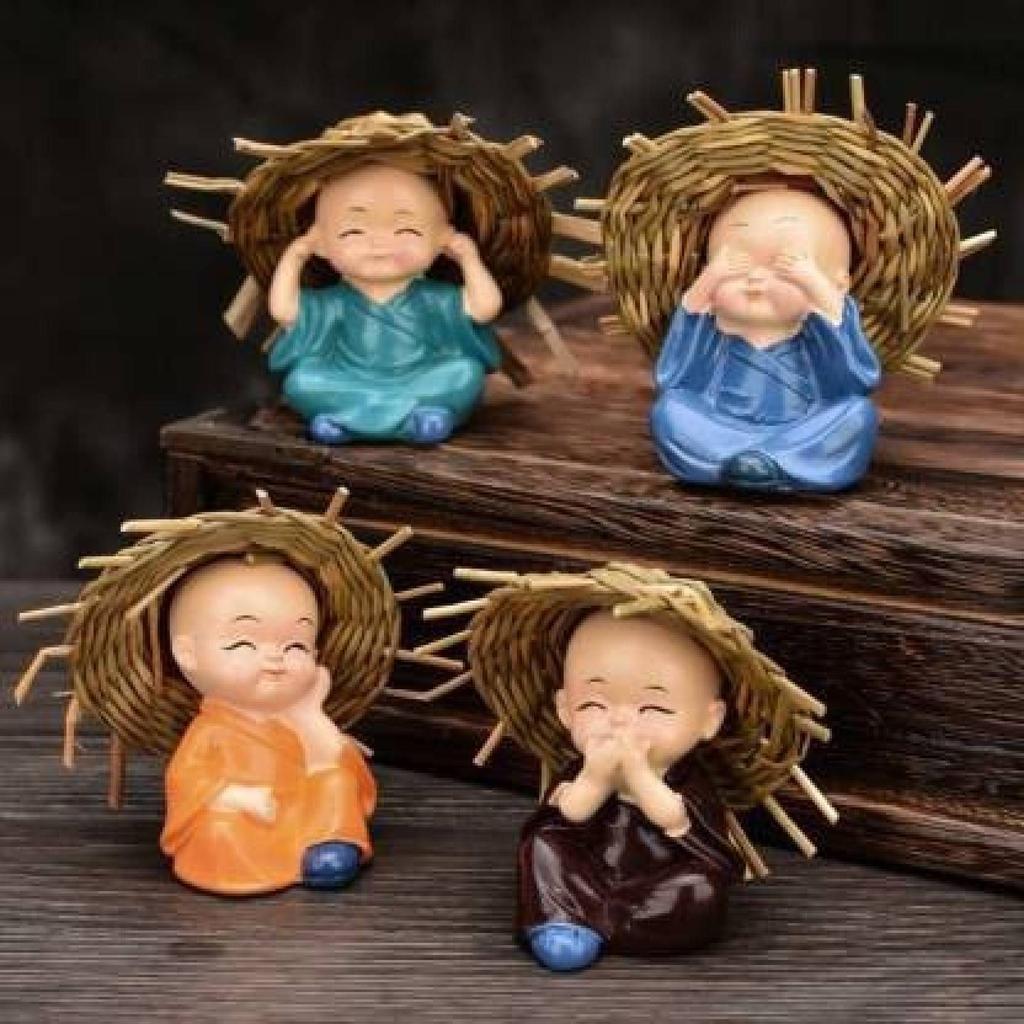 Set of 4 Baby Monk Hat Buddha Figurines - for Car Dashboard Home Decor Office Decor Gifting for Pregnant Women Diwali Decor Vaastu Decor Fengshui
