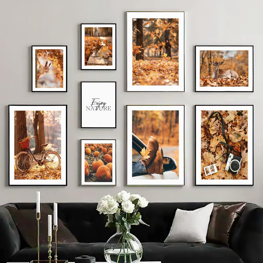 Осенние опавшие листья, клен, олень, велосипед, камера, осенние постеры и принты, настенная живопись на холсте для гостиной, украшение дома