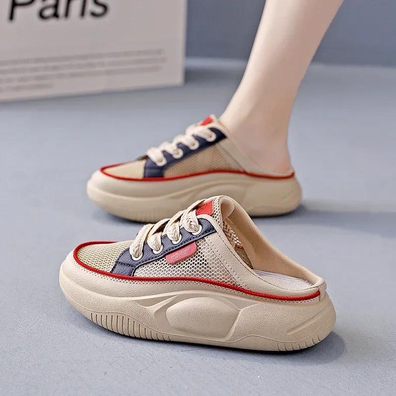 Горячие продажи высококачественных женских повседневных тапочек 2024 года, новые летние туфли на плоской подошве с цветными блоками и шнуровкой для женщин