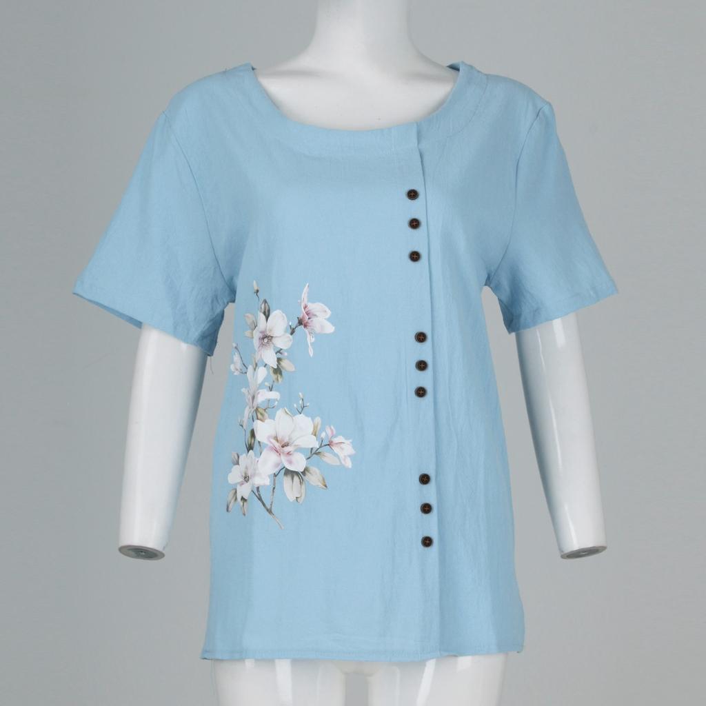 Women's Cotton Linen Round Neck Short Sleeve With Button Tops Printed T-shirt