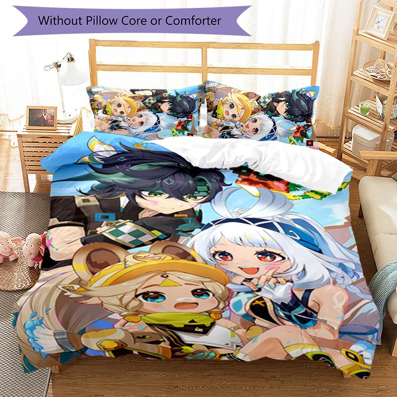 3pcs Genshin Impact characters pattern bedding set duvet cover set includes duvet cover &pillowcases, perfect all season bedroom decoration & gift