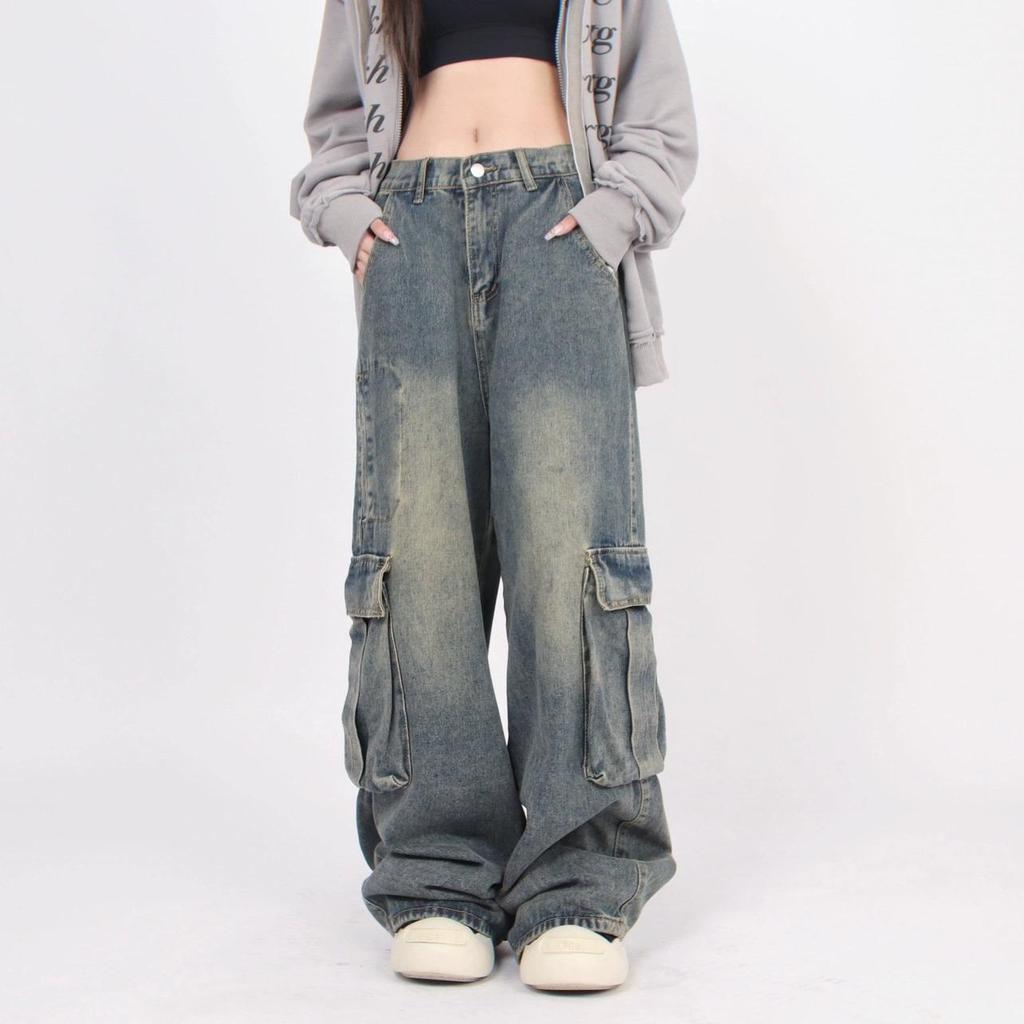 Джинсы унисекс в стиле ретро с потертостями и множеством карманов: Повседневные комбинезоны High Street