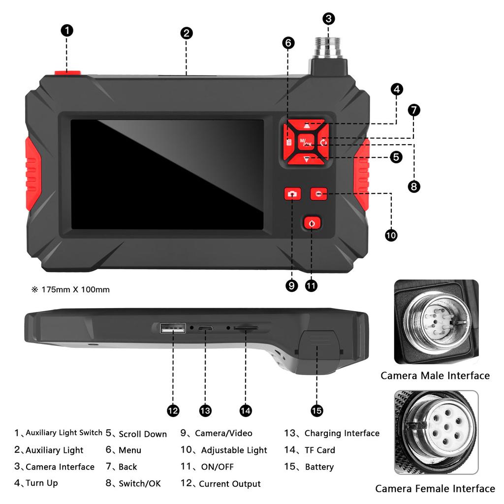 Industrial Endoscope with 8mm Automotive Inspection Camera Waterproof LED Light 4.3 Inch Screen