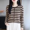 Striped Round-neck Fine-woven Wool Knitted Cardigan for Women, Long-sleeved Sweater Top