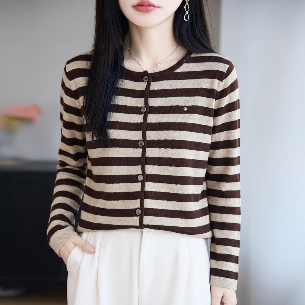 Striped Round-neck Fine-woven Wool Knitted Cardigan for Women, Long-sleeved Sweater Top