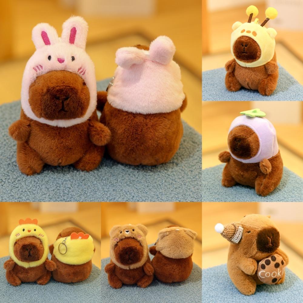 Cartoon CapIbara Keychain with Bee Rabbit Frog Bear Hat Plush Animals Toy Birthday Gift