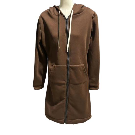 Women Sweatshirt Coat Hooded Adjustable Drawstring Long Sleeve Coat with Pockets Solid Color Mid-length Outerwear