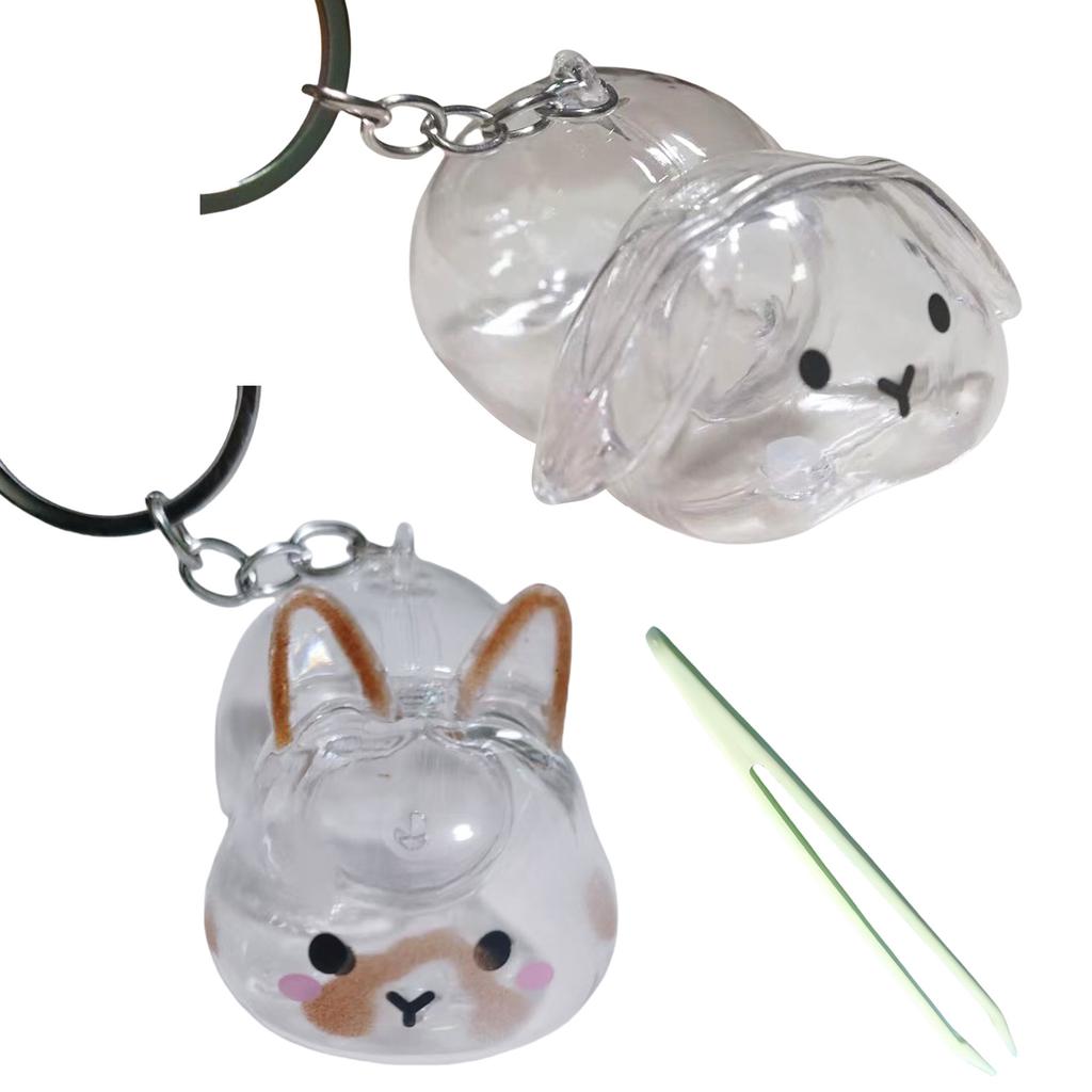 Clear Rabbit Shape Pet Hair Memorial Keychain Portable Keepsakes Storage Box Pendant With Tweezer For Pet Owners Gift