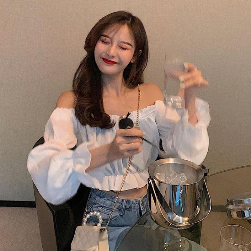 Slash Neck Sexy Off Shoulder Women's Short Top Pure Desire T-shirt Crop Top High Waisted Navel Exposed Puff Sleeve Korean Fashion Spring Autumn