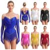 Women Latin Dance Costume Spaghetti Straps Ruffles X Back Tassel Leotard Dress with Gloves Ballroom Stage Performance Dancewear