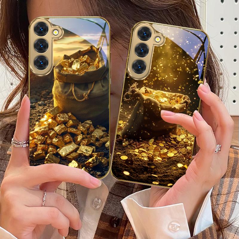 Темный мешковинный кошелек-мешок Для Samsung Galaxy S26 S20 FE S21 S22 S23 Plus S24 Ultra 25Ultra S21+ S9 S22 S8 Золотой стеклянный чехол для телефона