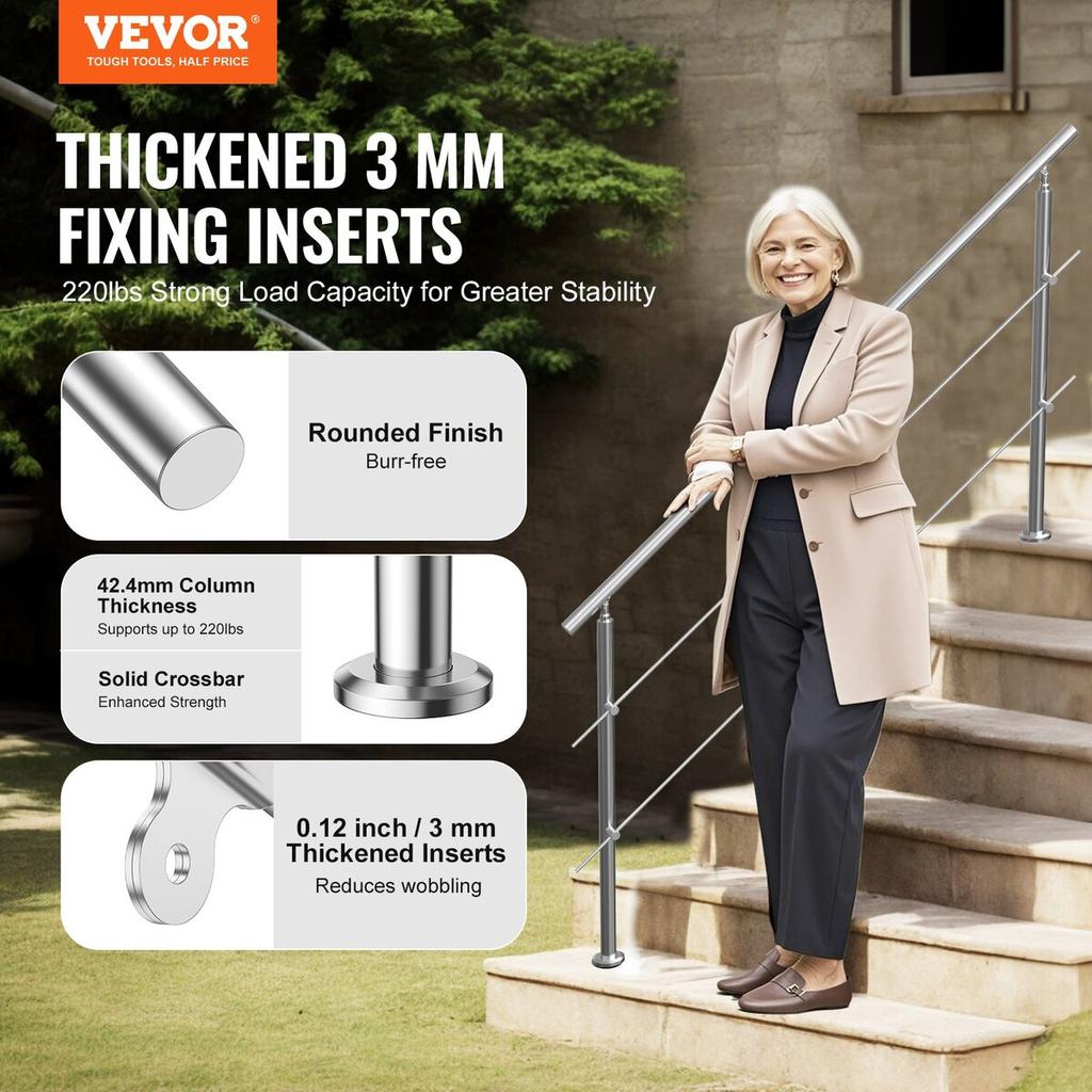 70.9in Handrails for Outdoor Steps 2 Crossbars Staircase for Porch Deck