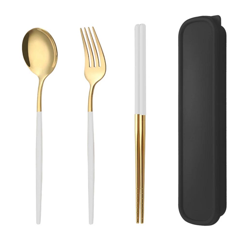 4 шт. Золотой портативный набор столовых приборов с коробкой ложка вилка палочки для еды набор из нержавеющей стали обеденная посуда кухонные принадлежности