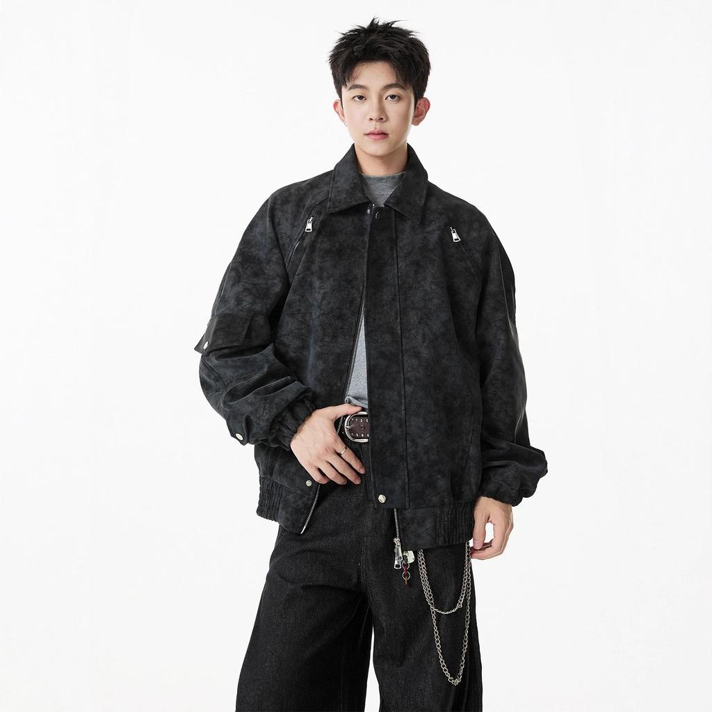 Мужская ретро куртка-косуха из искусственной кожи с двойной молнией и отворотами, с принтом тай-дай