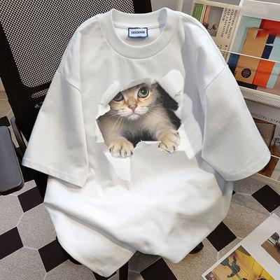 Летняя женская футболка с милым принтом кота из хлопка, дышащая, с коротким рукавом
