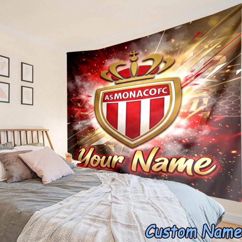 Custom Name As Monaco Fc Crest Tapestry Accessories for Bedroom,Livingroom, dormitory Room Wall Hanging Decor, Fan Birthday Gifts