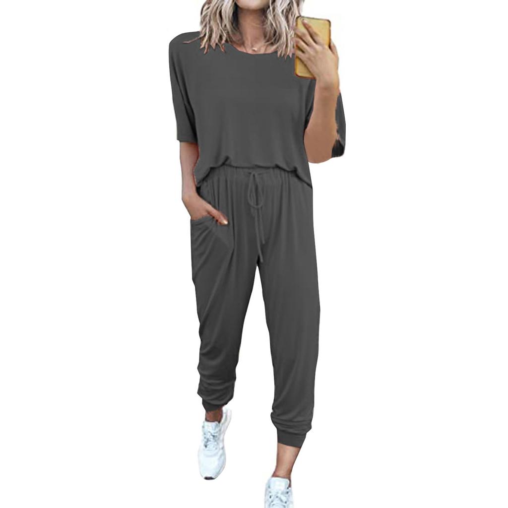 Женский свободный пуловер с круглым вырезом, повседневный модный костюм с короткими рукавами и длинными брюками