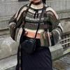 Y2k Stripe Hollow Out Fishnet Sweaters Smock Crop Tops Women Fairycore Oversize Sweater Grunge Goth Cloth