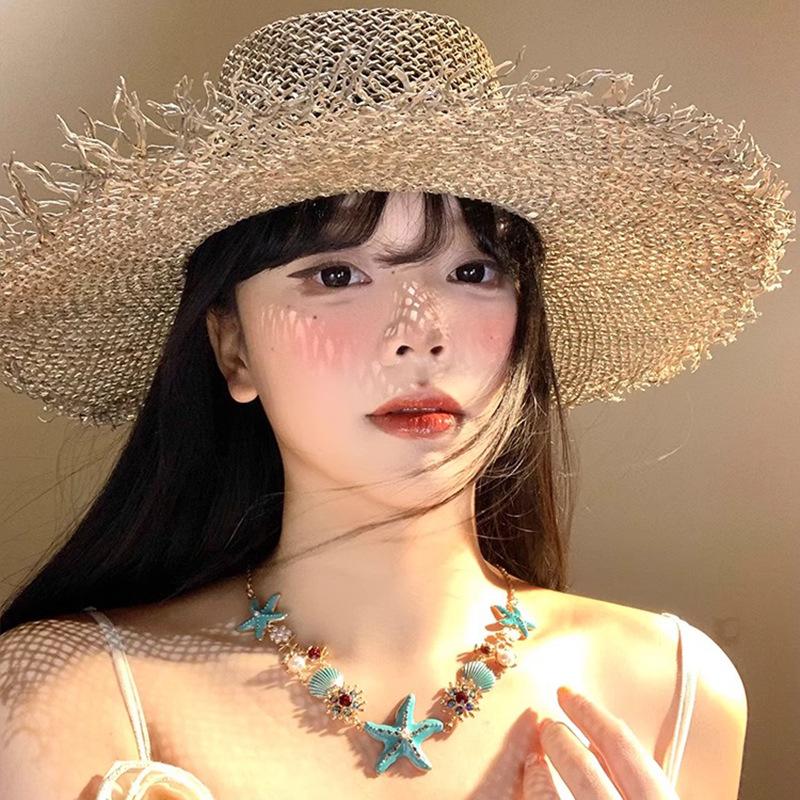 Соленая трава ракушка этническая шляпа летняя пляжная отпуск соломенная шляпа дышащая защита от солнца полая широкополая соломенная шляпа