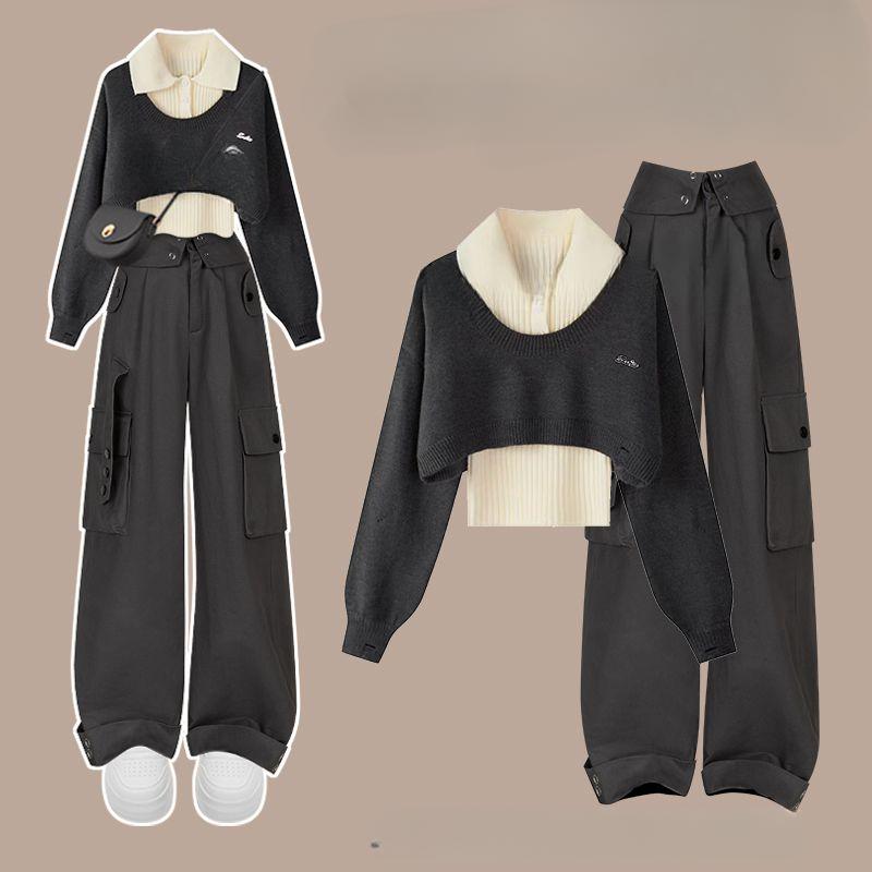 Осенне-зимний комплект, женский корейский вязаный свитер, женская майка-поло, универсальная рабочая одежда, комплект из трех предметов