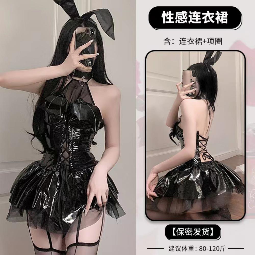 Domila's New Sexy Underwear Glossy PU Neck Strap Bat Little Devil Perspective Skirt Set F301