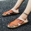 Men Black Leather Slippers Gladiator Sandals Outdoor Summer Brown Handmade Beach Shoes Wide Head Plus Size