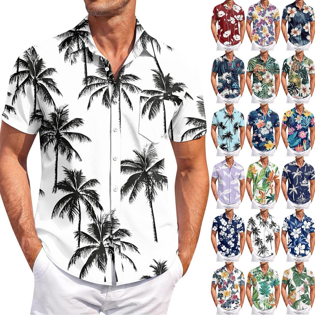 Мужская повседневная рубашка с короткими рукавами, облегающая, стильная, с гавайским принтом