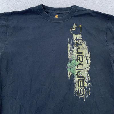 Мужская футболка Carhartt L Черный камуфляж Графическая Прямой крой Вертикальный логотип Круглый вырез