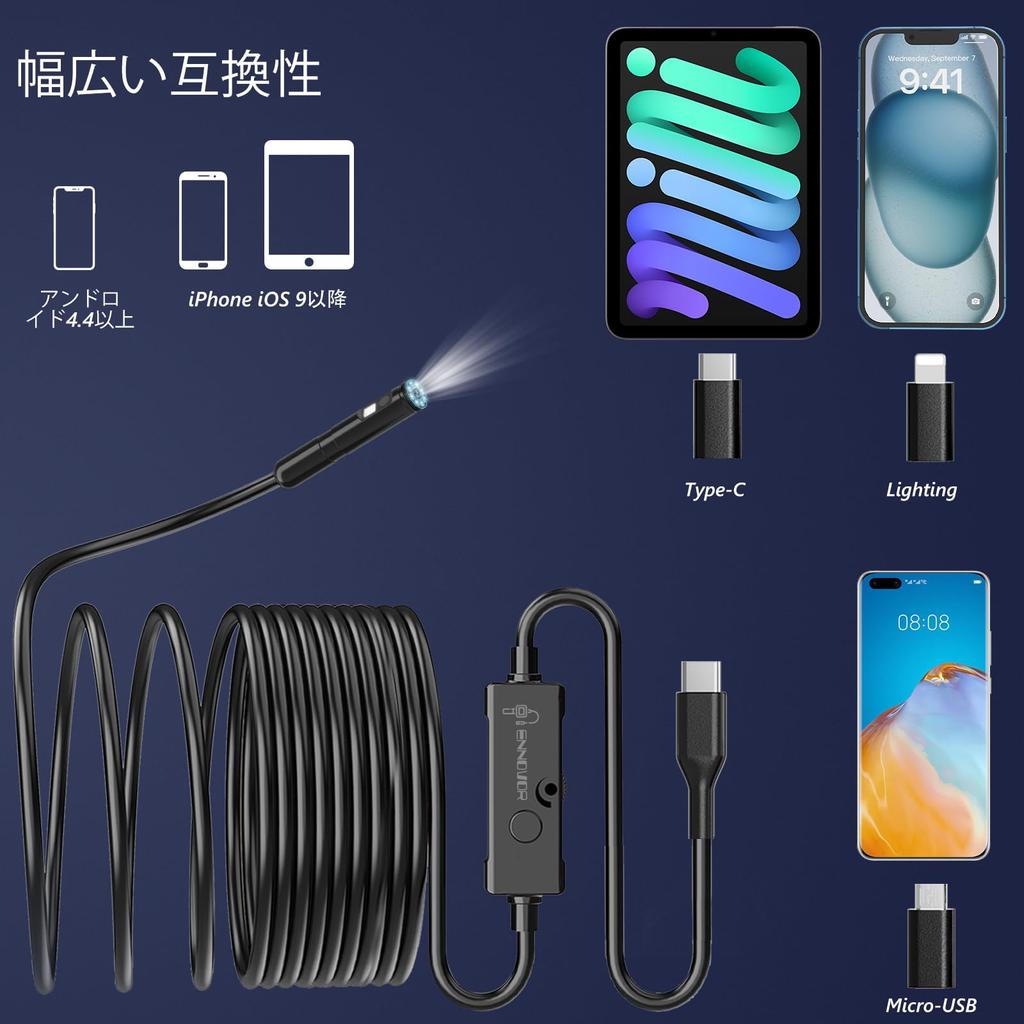 Энновор Фиброскоп 1920P Эндоскоп Двойная камера IP67 Водонепроницаемая камера-эндоскоп USB Lightning Подключение Микроскоп Не требует зарядки Без Wi-Fi