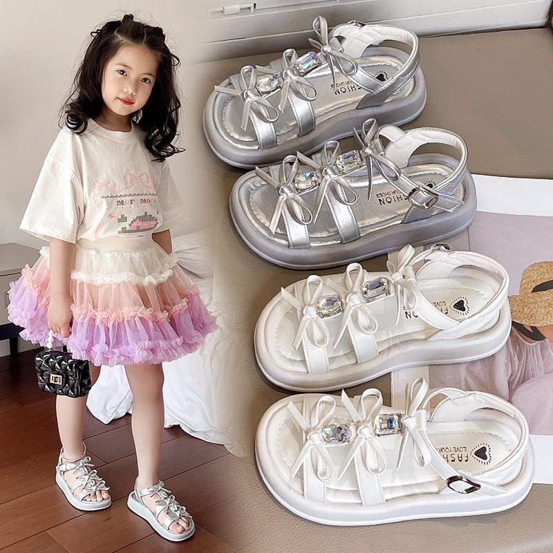 Girls Sandals With Rhinestone Bow Flat Beach Shoes Kids 7-12 Years White Synthetic Leather Rubber Sole