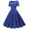 Retro Women's Square Neck Short Sleeve Polka Dot Print Lace Up Waist Big Swing Dress
