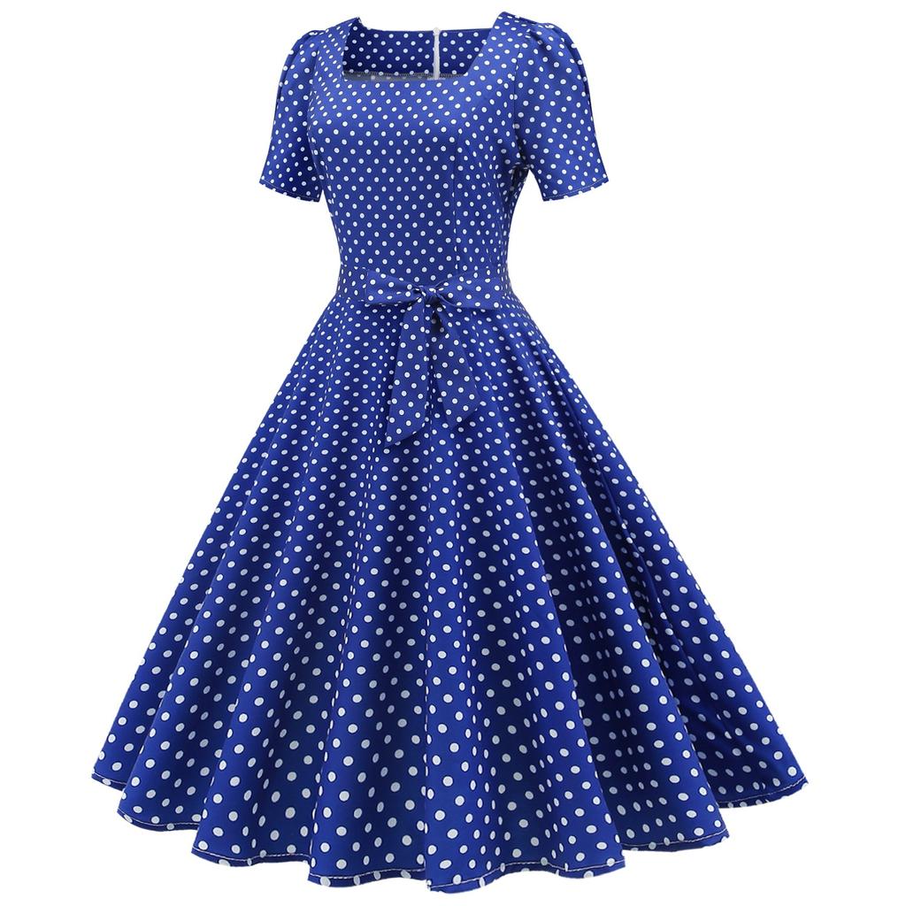 Retro Women's Square Neck Short Sleeve Polka Dot Print Lace Up Waist Big Swing Dress