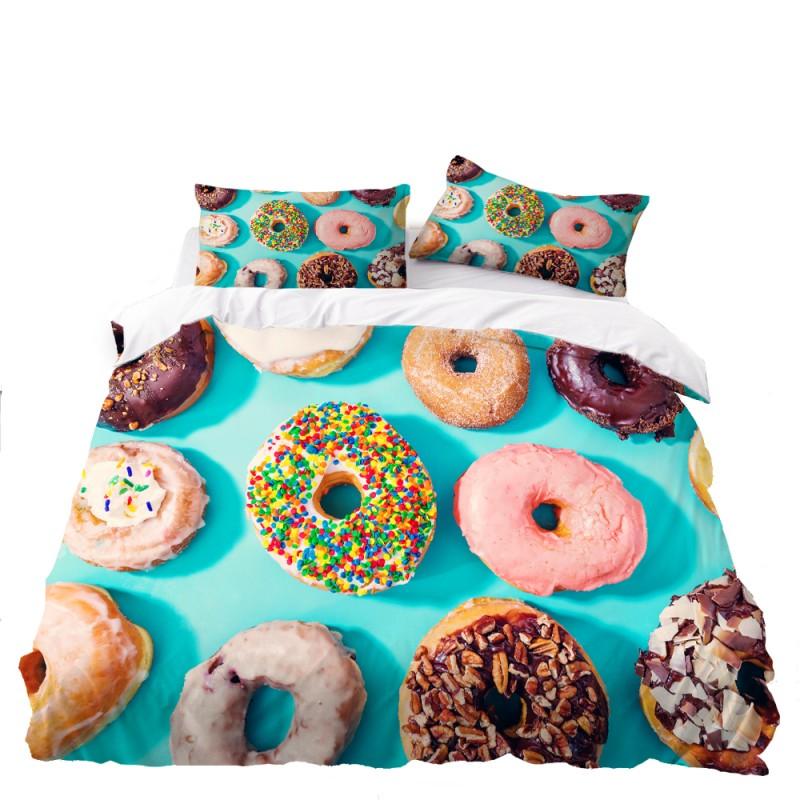 Twin/Full/Queen Size Cute 3D Food-Printed Down Quilt Cover & Pillowcase Bedding Set with Dessert Doughnut Pattern