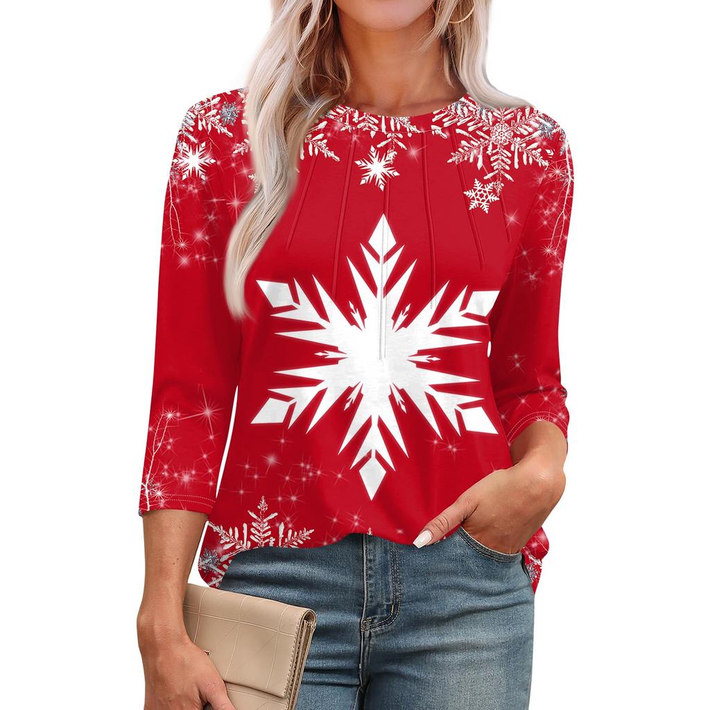 Женская модная футболка с круглым вырезом и рукавом 3/4 с принтом, повседневная, базовая, плиссированная, пуловер