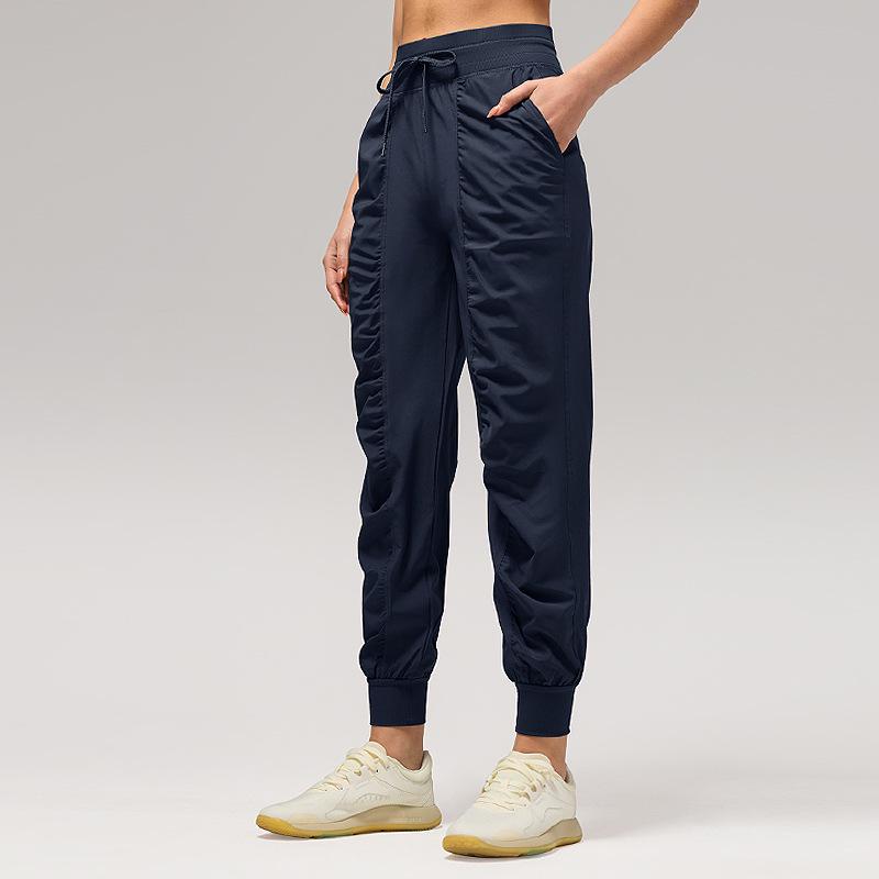 Women's Quick-Dry Pleated Sports Pants - Summer Running, Fitness, Casual Straight-Leg Design with Drawstring.