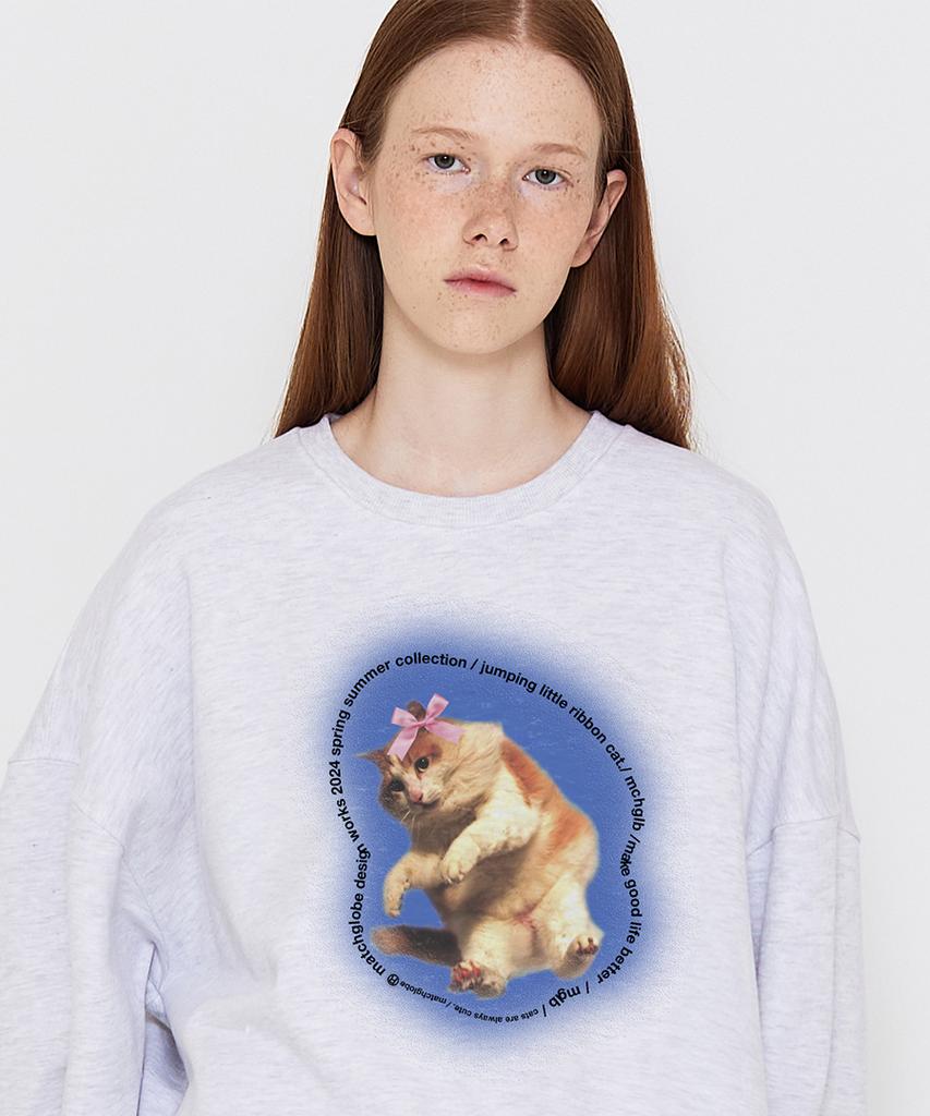 MATCHGLOBE Ribbon Kitten Sweatshirt (Light Melange)