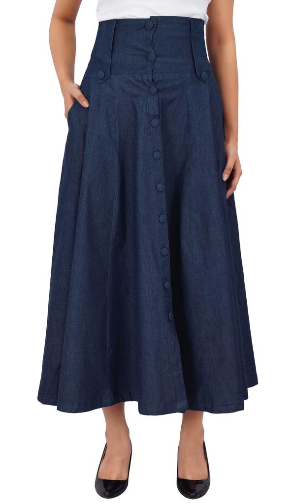 Bimba Mid-Calf High Waist Denim Skirt Long Flared A Line Retro Boho Skirts