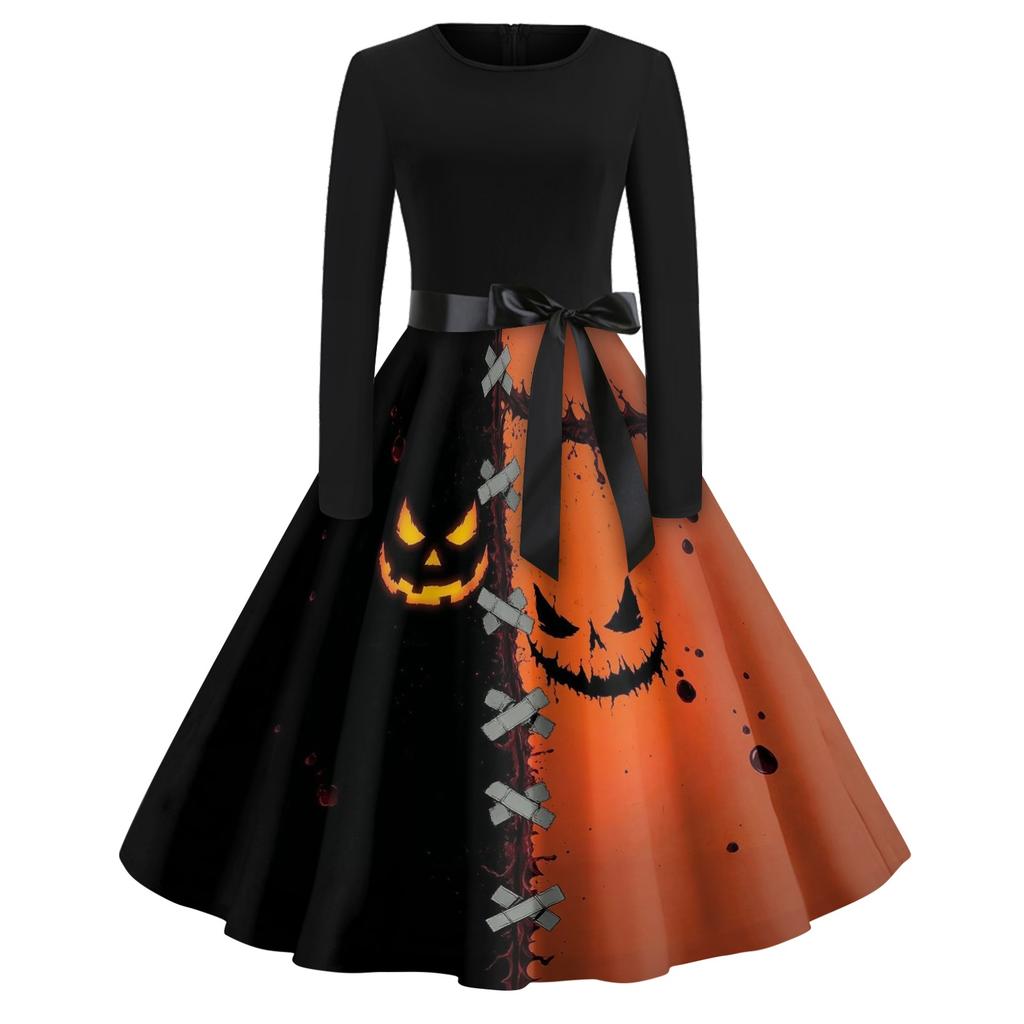 Women's Casual Long Sleeve Vintage Dress Halloween Printed Round Neck A-Line Midi Dress with Waist Tie Belt Retro Style