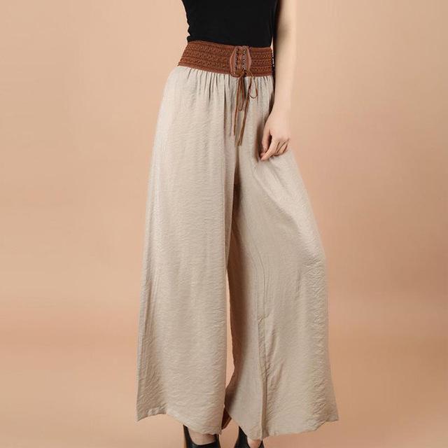 Plus Size Wide Leg Trousers Vintage High Waist Belt Causal Bandage Women's Pants Casual Large Size Pantalon Femme