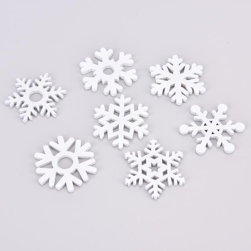 50Pcs Mix Shape Wooden White Snowflakes Christmas Ornaments Xmas Wood Pendants