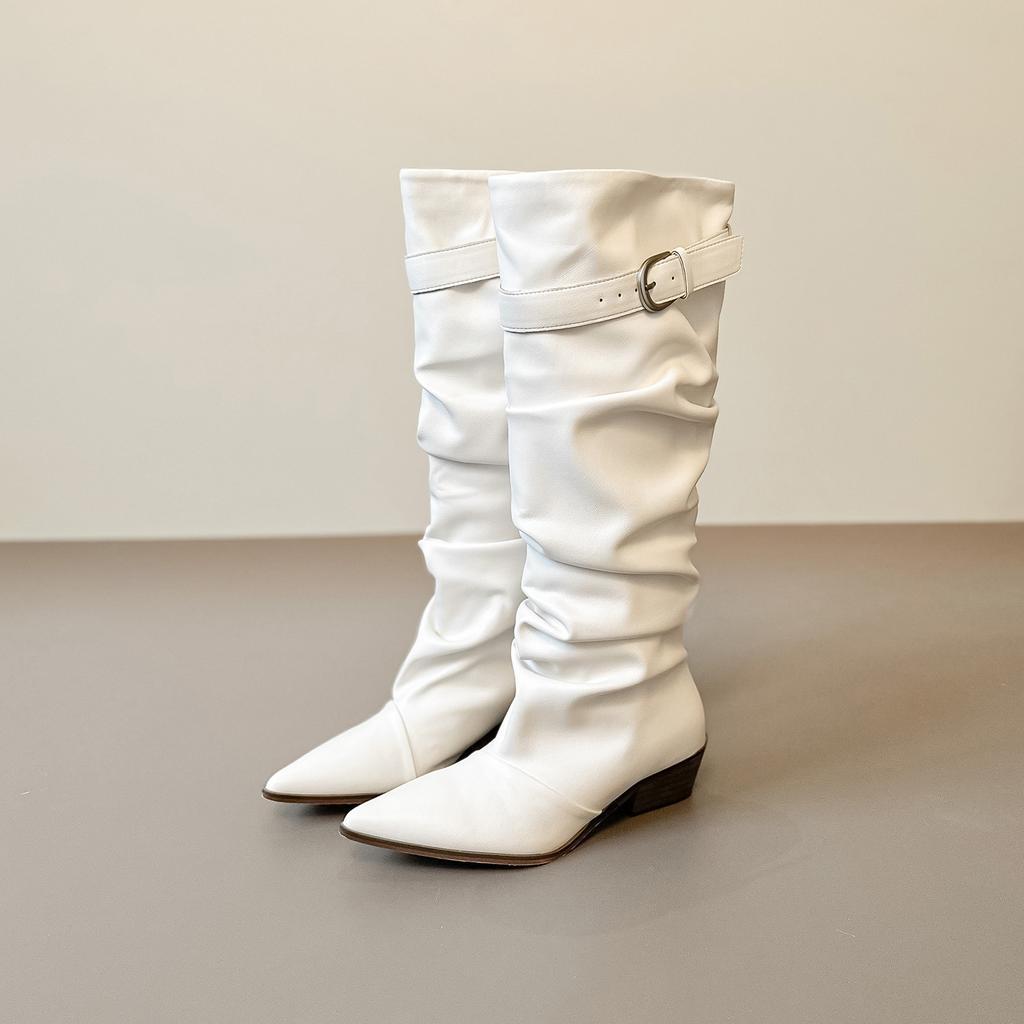 2026 winter new European and American pointed pile boots women's belt buckle high knight boots pleated long boots leather pants tube boots