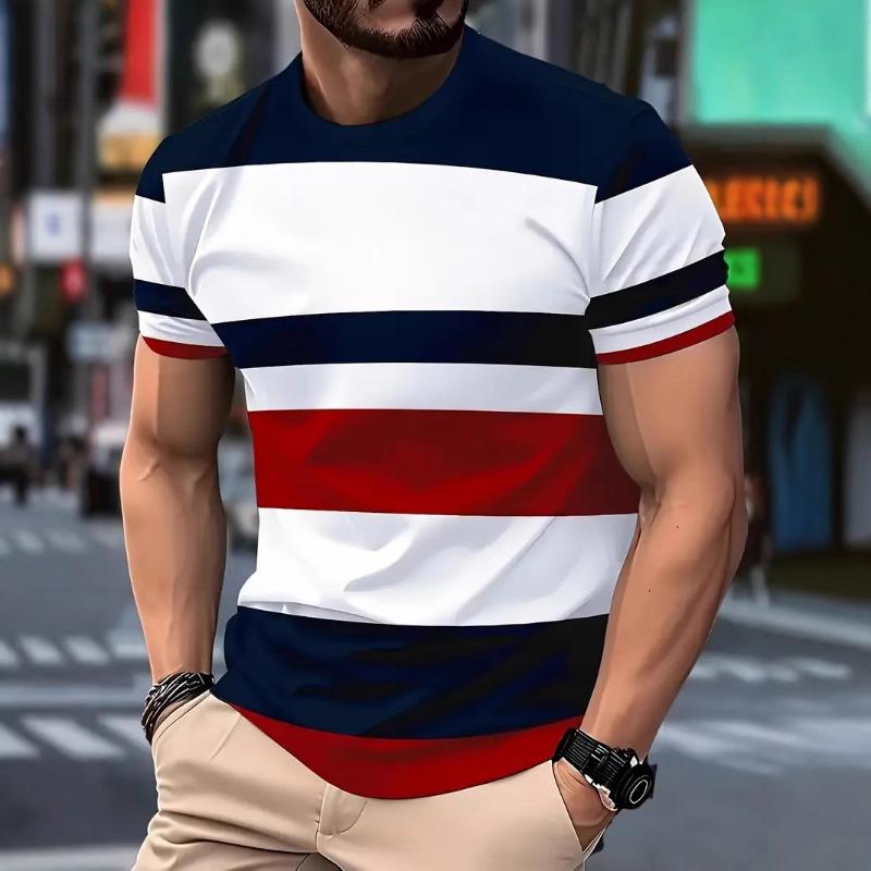 Летняя мужская мода 3D футболка Сращивание Печатный Colorblocking Повседневный Приталенный Короткий рукав Для улицы Спорт Бег Фитнес Топ