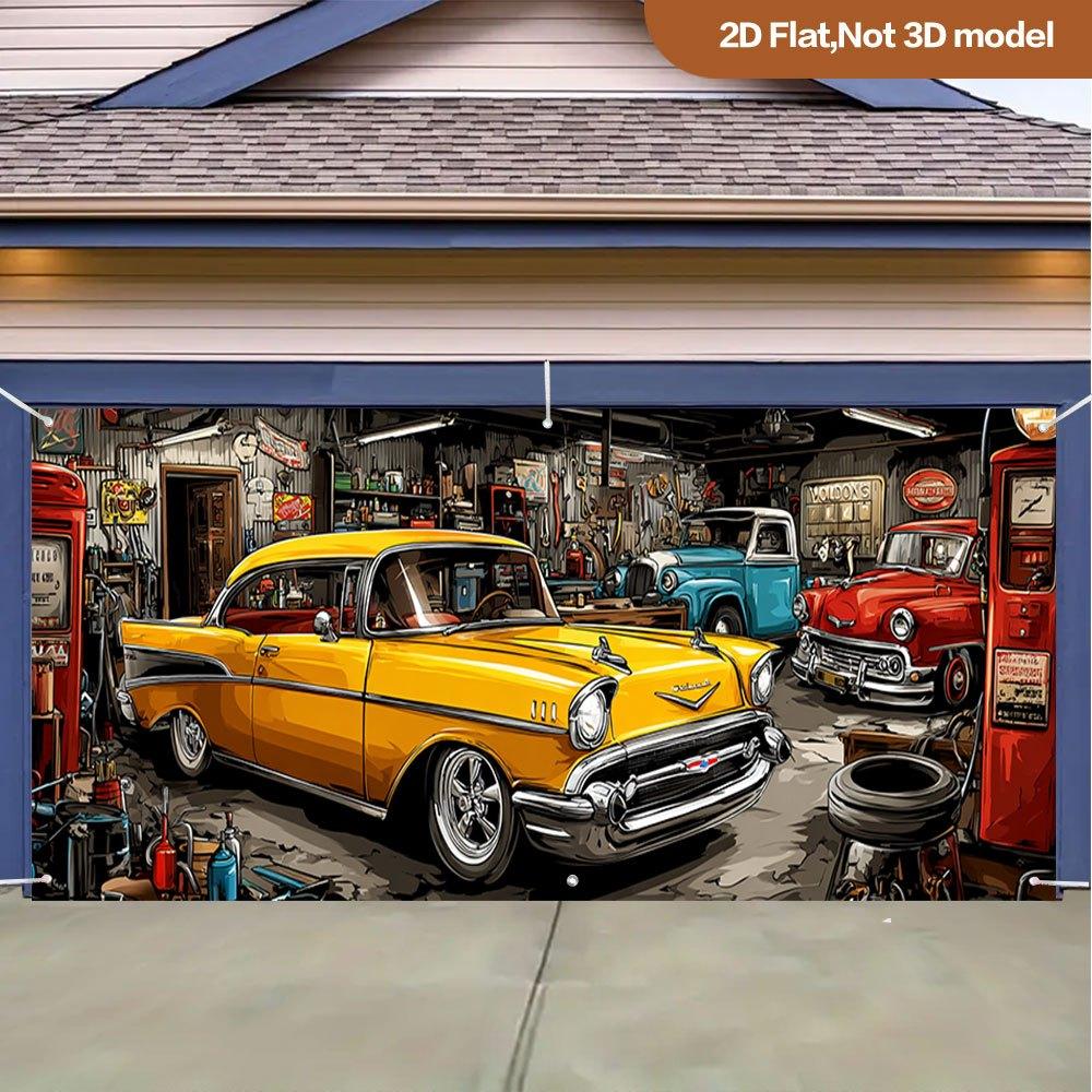 (2D plane) 1 piece of retro car garage scene pattern garage banner, made of durable material suitable for all seasonszyc